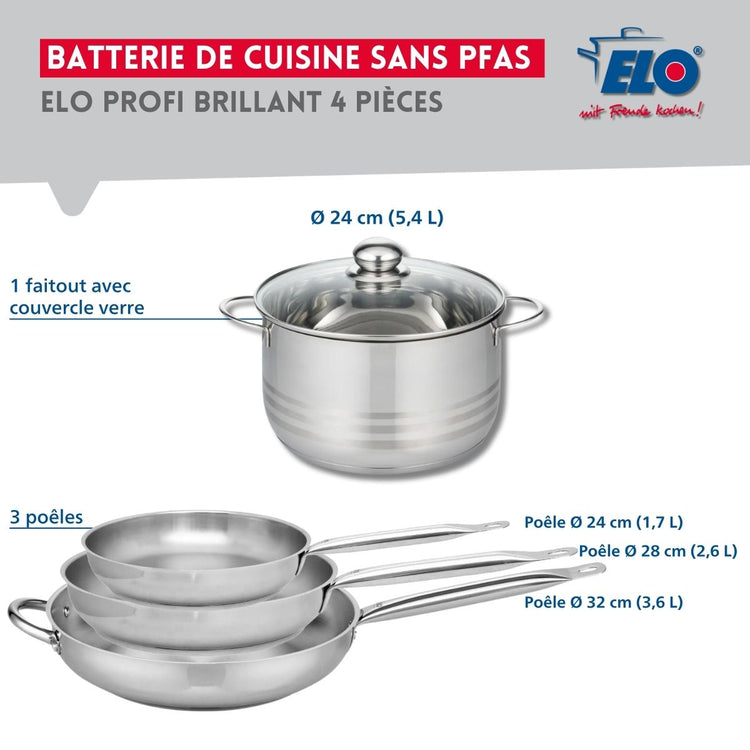 Ensemble de 3 Poêles de cuisson 24, 28 et 32 cm et 1 faitout 24 cm Elo Profi Brillant
