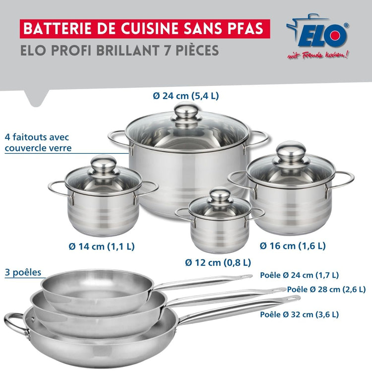Ensemble de 3 Poêles de cuisson 24, 28 et 32 cm et 4 faitouts 12, 14, 16 et 24 cm Elo Profi Brillant