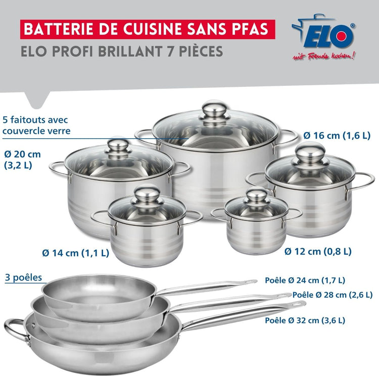 Ensemble de 3 Poêles de cuisson 24, 28 et 32 cm et 5 faitouts 12, 14, 16, 20 et 24 cm Elo Profi Brillant