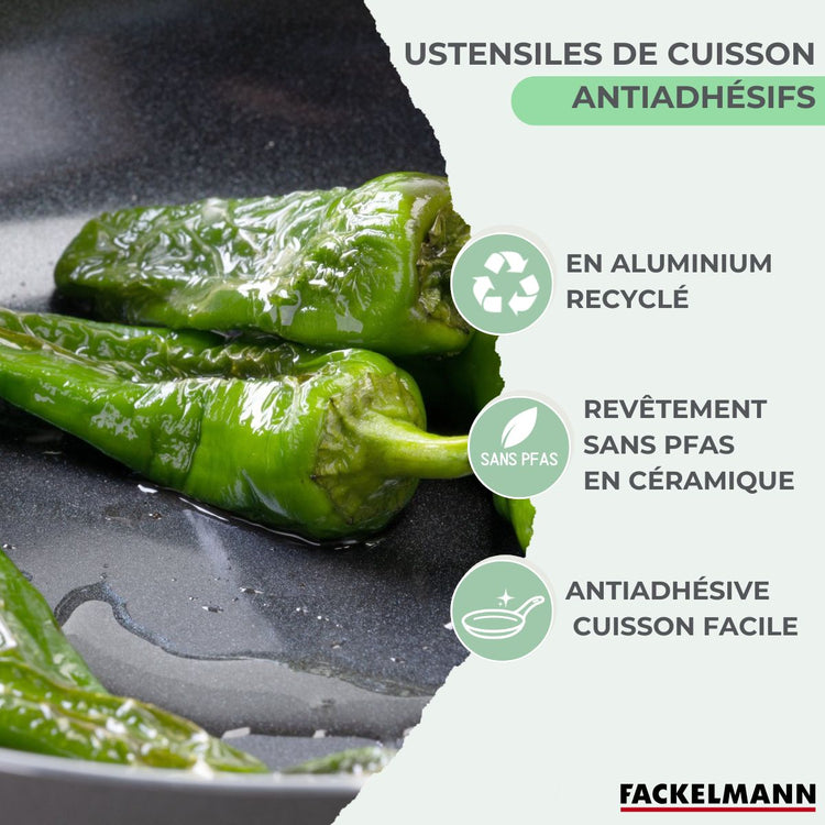 Batterie de cuisine avec 2 poêles 16/20 cm et 3 casseroles 16/18/20 cm avec 5 ustensiles de cuisine sans PFAS Fackelmann Brandao Océan