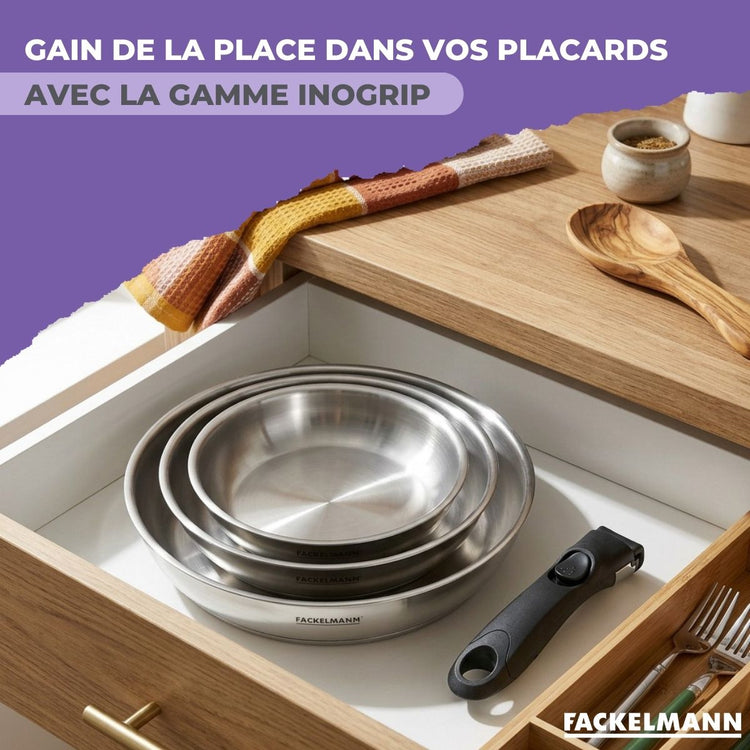 Poêle de cuisson 28 cm en inox avec manche amovible Fackelmann InoGrip et accessoires