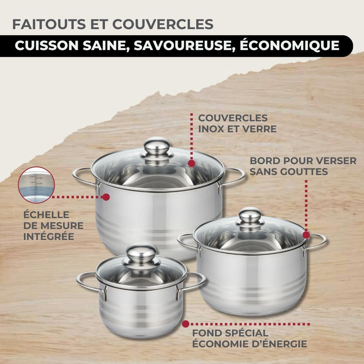 Batterie de cuisine avec 2 poêles 24/28 cm et 3 faitouts 16/20/24 cm en inox sans PFAS Fackelmann Eterna Brillant