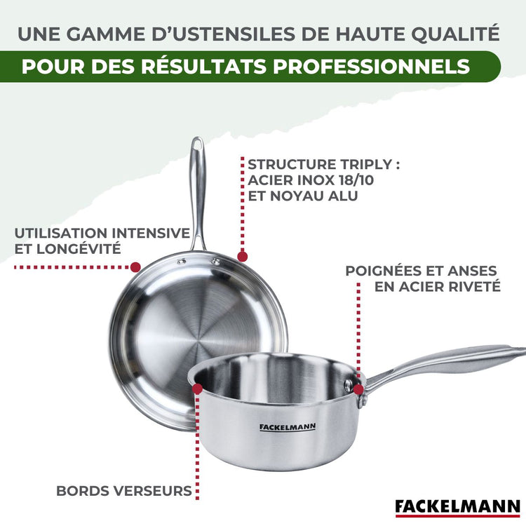 Batterie de cuisine avec 2 poêles 24/26 cm et 2 casseroles 14/18 cm avec 1 couvercle de cuisson universel sans PFAS Fackelmann Vita3