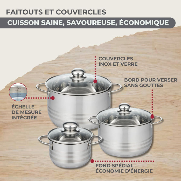 Batterie de cuisine avec 1 poêle 24 cm 3 casseroles 12/16/20 cm et 3 faitouts 16/20/24 cm en inox sans PFAS Fackelmann Généva Brillant