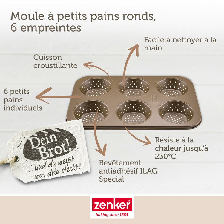 Ensemble de 2 Moules à petits pains individuels ronds 6 empreintes 33 x 22 cm Zenker Mojave Gold