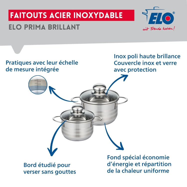 Ensemble de 1 Poêle de cuisson 24 cm et 2 faitouts 14 et 16 cm Elo Prima Brillant