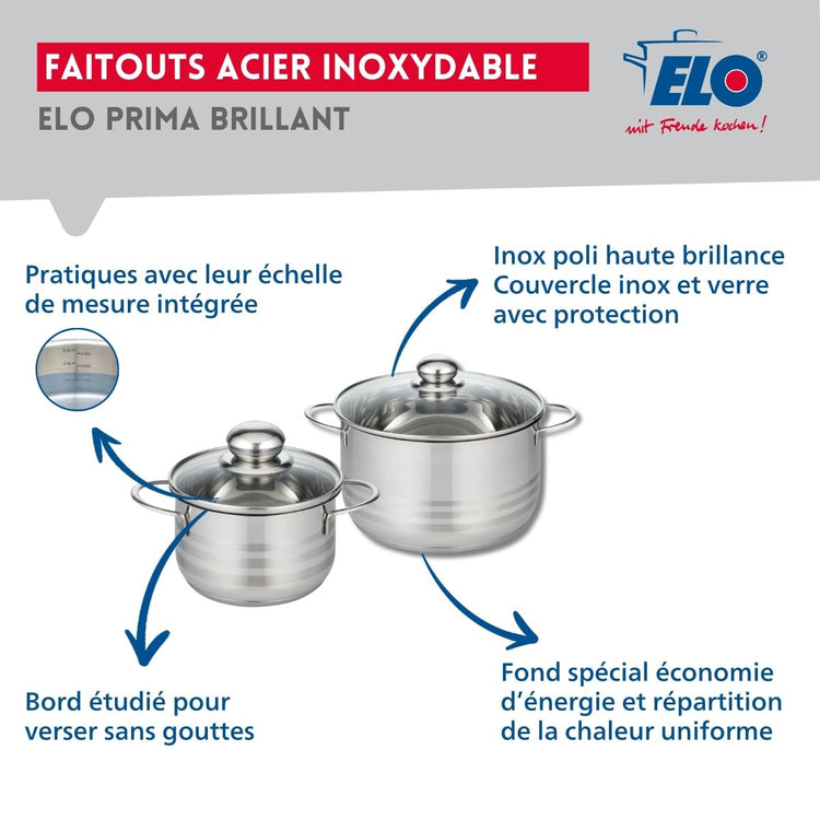 Ensemble de 1 Poêle de cuisson 24 cm et 2 faitouts 16 et 20 cm Elo Prima Brillant