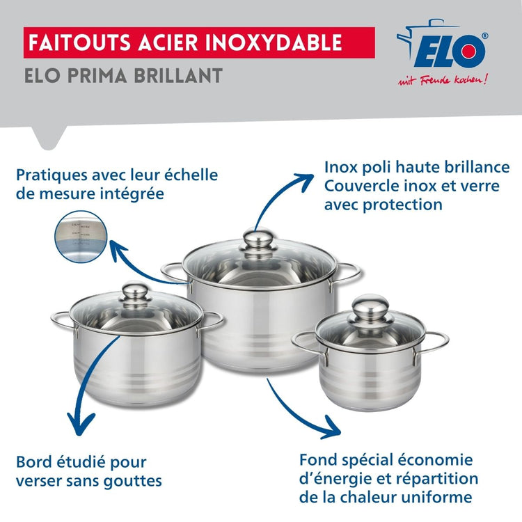 Ensemble de 1 Poêle de cuisson 28 cm et 3 faitouts 16, 20 et 24 cm Elo Profi Brillant