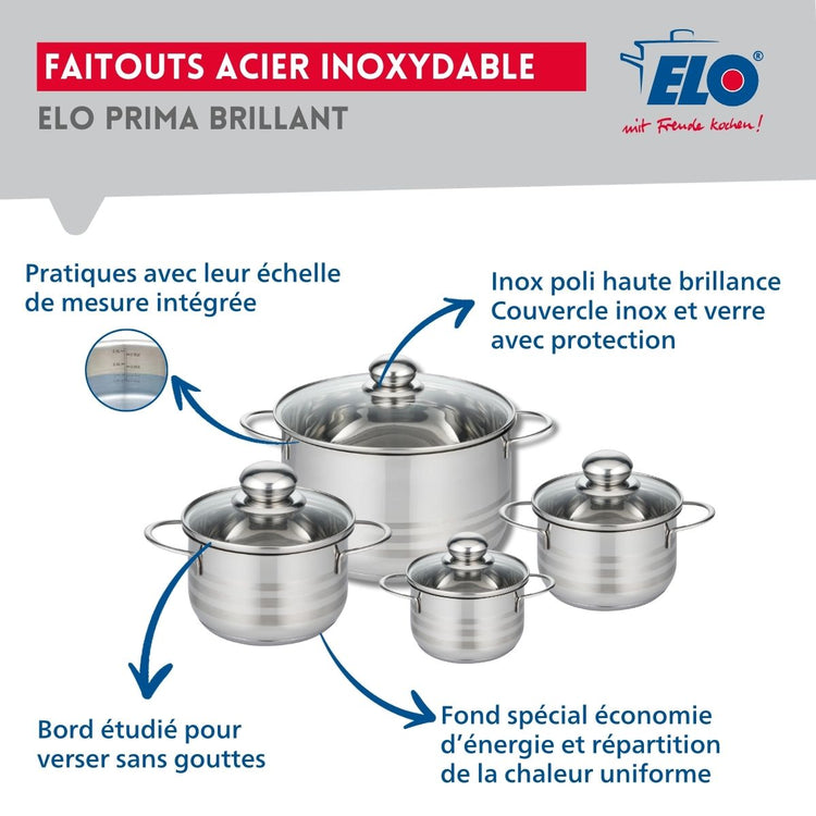 Ensemble de 1 Poêle de cuisson 28 cm et 4 faitouts 12, 14, 16 et 24 cm Elo Profi Brillant