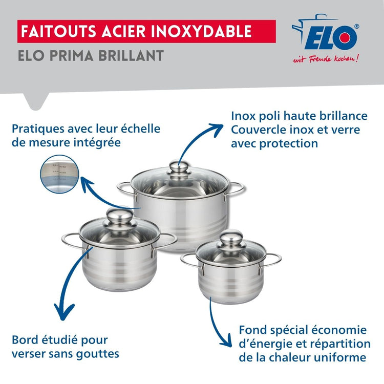 Ensemble de 1 Poêle de cuisson 32 cm et 3 faitouts 14, 16 et 20 cm Elo Profi Brillant