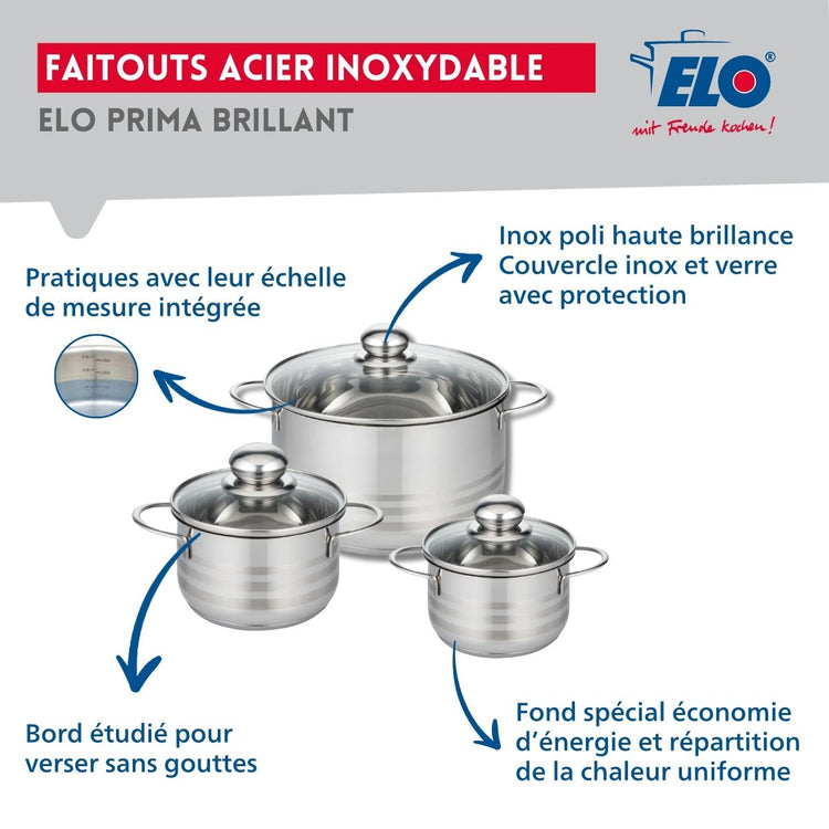 Ensemble de 2 Poêles de cuisson 24 et 32 cm et 3 faitouts 14, 16 et 24 cm Elo Profi Brillant