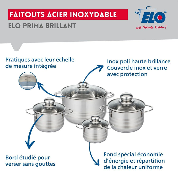 Ensemble de 2 Poêles de cuisson 24 et 32 cm et 4 faitouts 12, 14, 16 et 20 cm Elo Profi Brillant