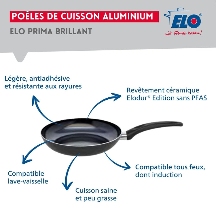 Ensemble de 1 Poêle de cuisson 28 cm et 2 faitouts 14 et 24 cm Elo Prima Brillant