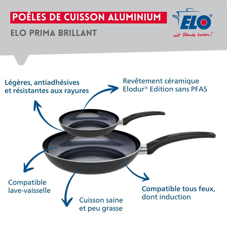 Ensemble de 2 Poêles de cuisson 20 et 32 cm et 2 faitouts 12 et 24 cm Elo Prima Brillant