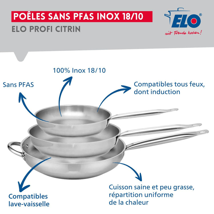 Ensemble de 3 Poêles de cuisson 24, 28 et 32 cm et 4 faitouts 12, 14, 16 et 20 cm Elo Profi Brillant