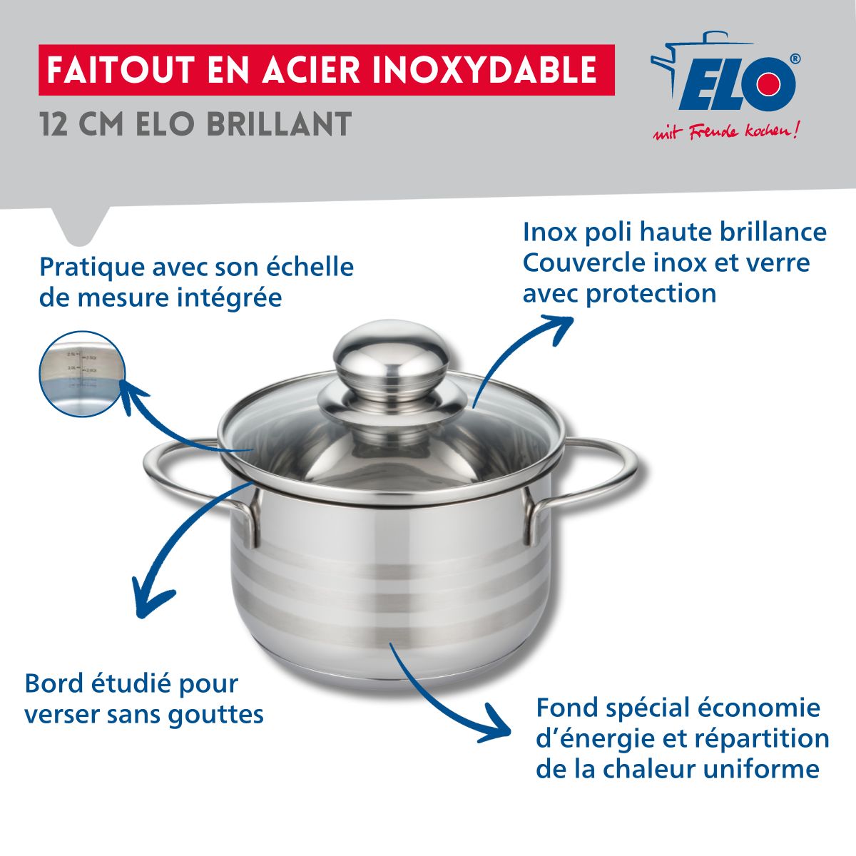 Faitout en acier inoxydable sans PFAS 12 cm Elo Brillant