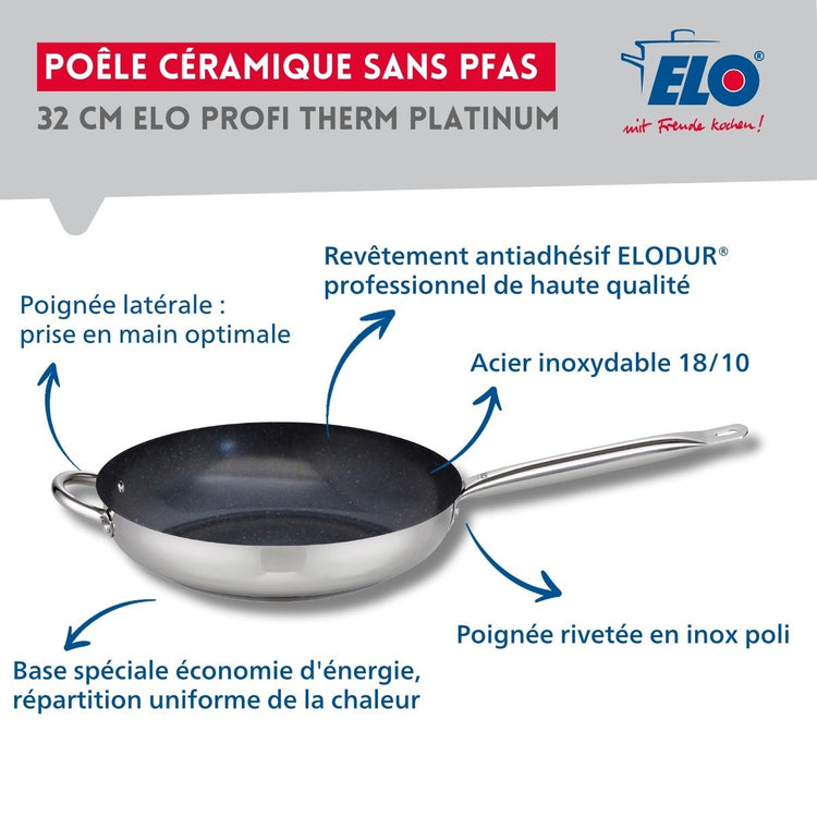 Set Poêle de cuisson avec revêtement céramique sans PFAS et couvercle de cuisson en verre 32 cm Profi Therm Platinum Elo