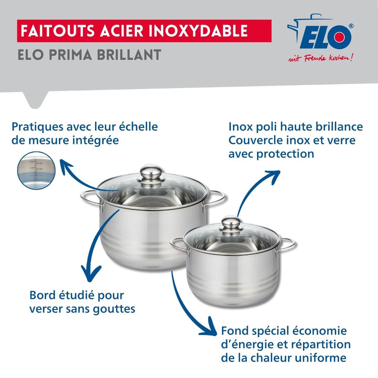 Ensemble de 1 Poêle de cuisson 28 cm et 2 faitouts 20 et 24 cm Elo Prima Brillant