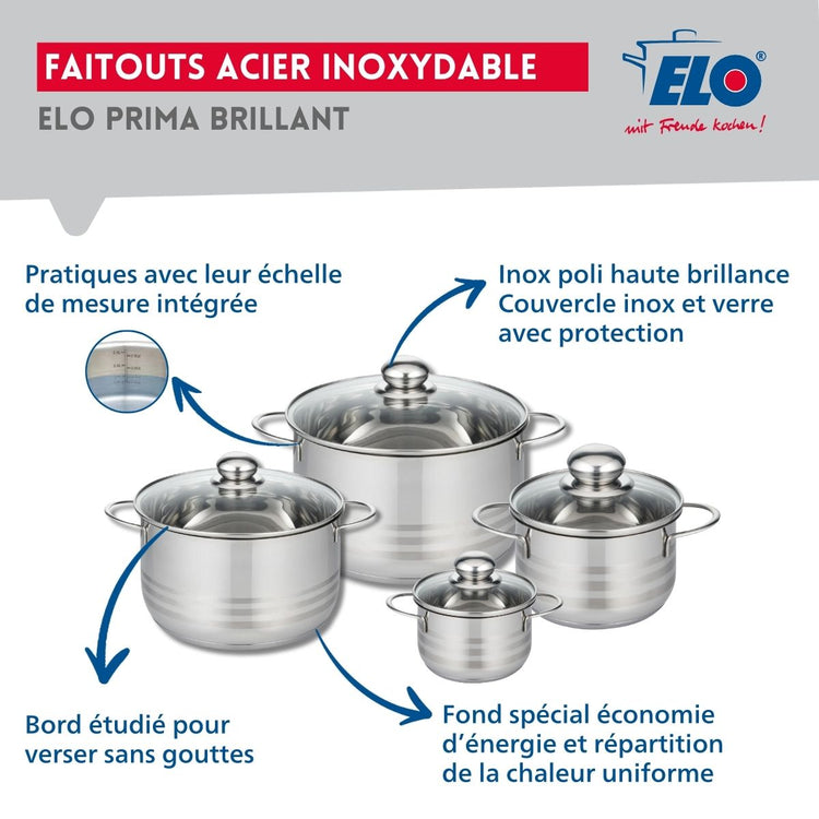 Ensemble de 1 Poêle de cuisson 32 cm et 4 faitouts 12, 16, 20 et 24 cm Elo Prima Brillant