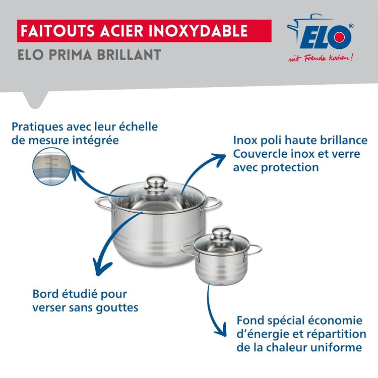 Ensemble de 1 Poêle de cuisson 32 cm et 2 faitouts 12 et 20 cm Elo Profi Brillant