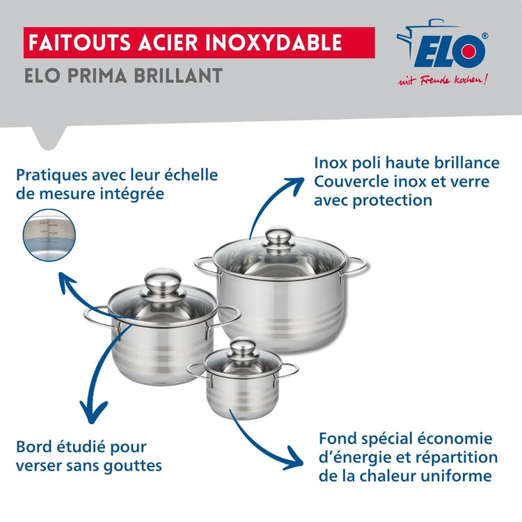 Ensemble de 1 Poêle de cuisson 32 cm et 3 faitouts 12, 16 et 20 cm Elo Profi Brillant