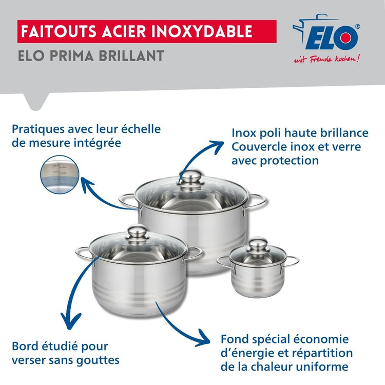 Ensemble de 1 Poêle de cuisson 32 cm et 3 faitouts 12, 20 et 24 cm Elo Profi Brillant