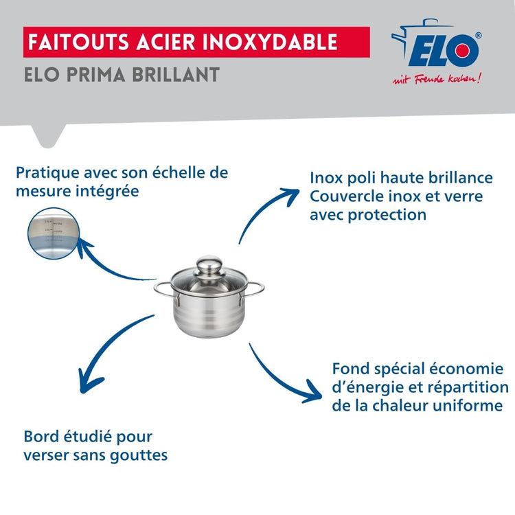 Ensemble de 2 Poêles de cuisson 24 et 32 cm et 1 faitout 12 cm Elo Profi Brillant