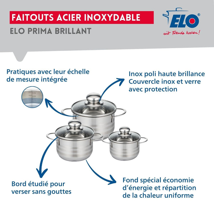 Ensemble de 2 Poêles de cuisson 24 et 32 cm et 3 faitouts 12, 14 et 16 cm Elo Profi Brillant