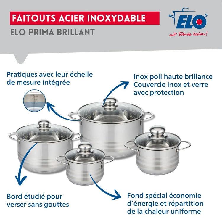 Ensemble de 2 Poêles de cuisson 24 et 32 cm et 4 faitouts 14, 16, 20 et 24 cm Elo Profi Brillant