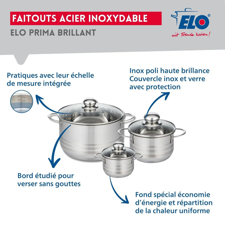 Ensemble de 2 Poêles de cuisson 28 et 32 cm et 3 faitouts 12, 16 et 24 cm Elo Profi Brillant