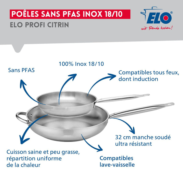 Ensemble de 2 Poêles de cuisson 24 et 32 cm et 4 faitouts 14, 16, 20 et 24 cm Elo Profi Brillant