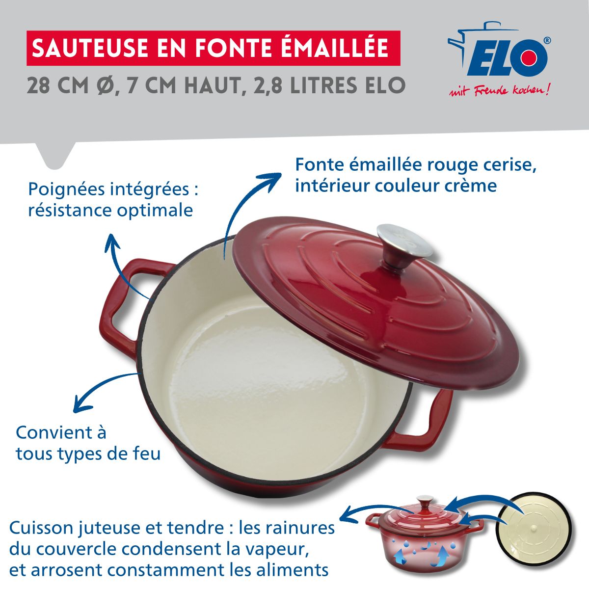 Cocotte en fonte émaillée basse rouge cerise 28 cm 3L Elo