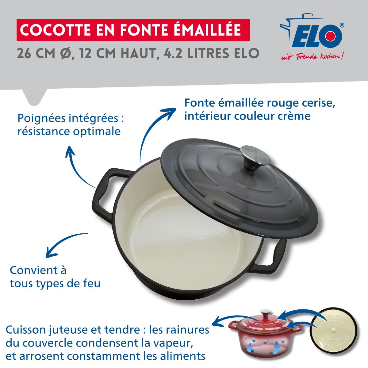 Cocotte en fonte émaillée gris classique 26 cm 4.5 L Elo