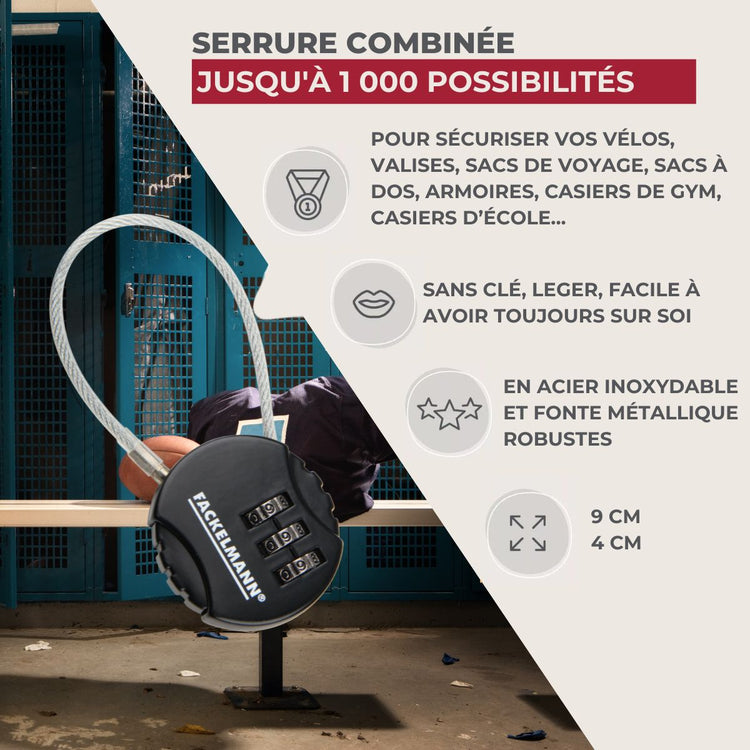 Cadenas câble à code à 3 chiffres Fackelmann Tecno