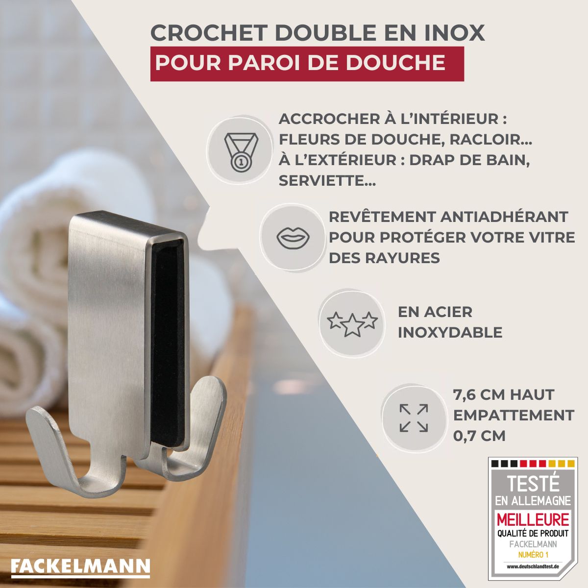 Double crochet pour paroi de douche en inox Fackelmann Tecno