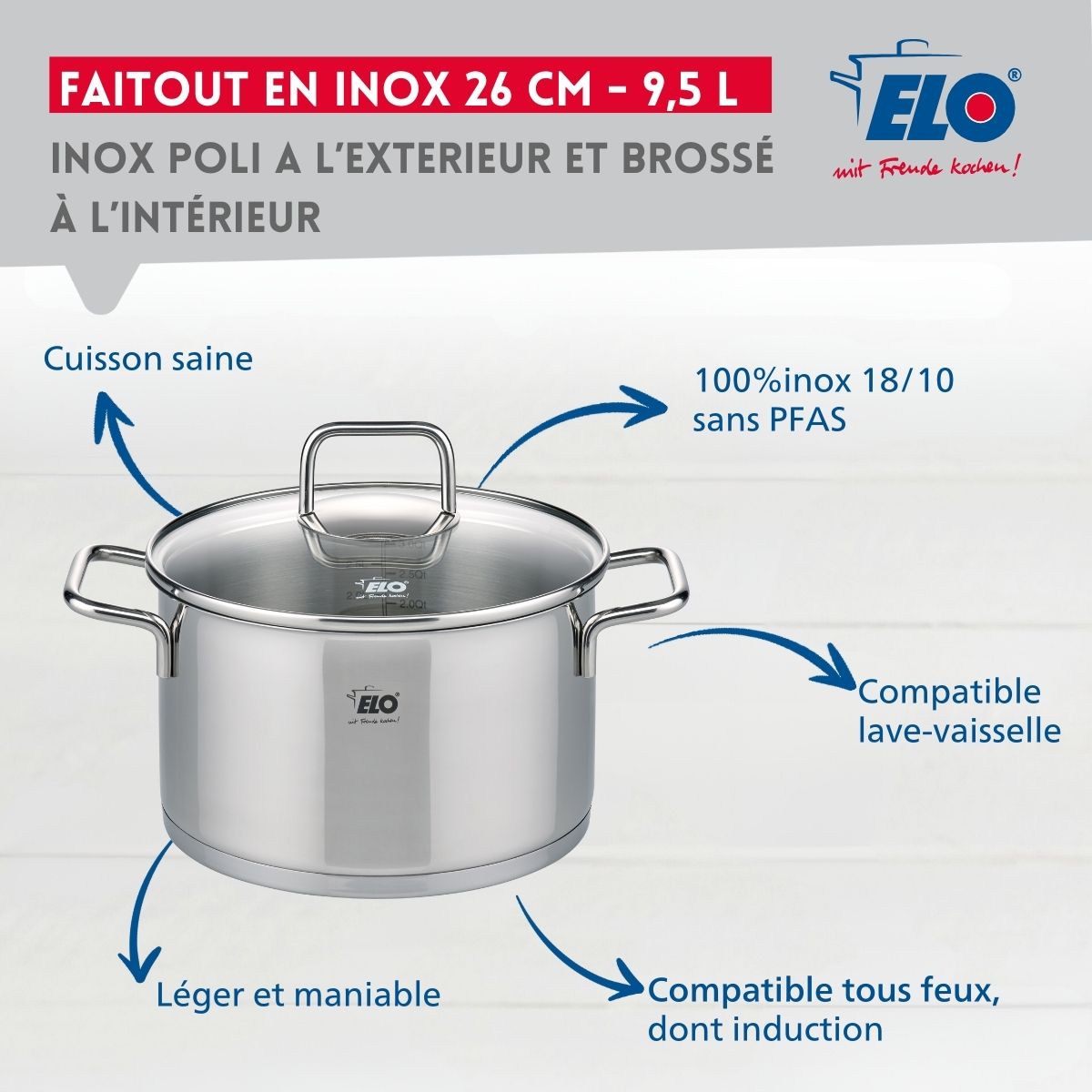 Marmite en inox avec couvercle en verre 26 cm Elo Citrin