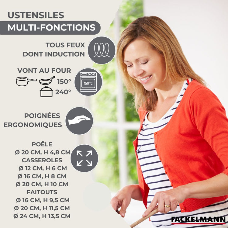 Lot de 1 poêle 20 cm, 3 Faitouts 16/20/24 cm et 3 Casseroles 12/16/20 cm Fackelmann Généva et 5 ustensiles Océan