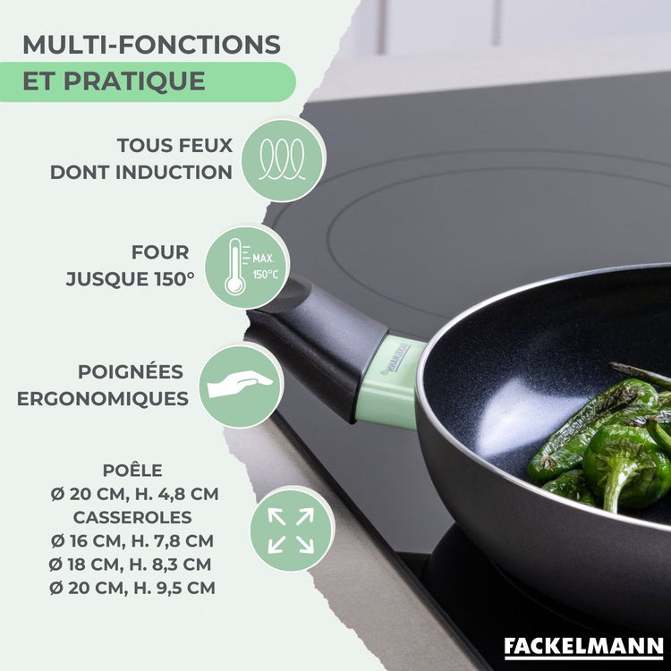 Batterie de cuisine avec 1 poêle 20 cm et 3 casseroles 16/18/20 cm sans PFAS et 5 ustensiles de cuisine Fackelmann Brandao Océan