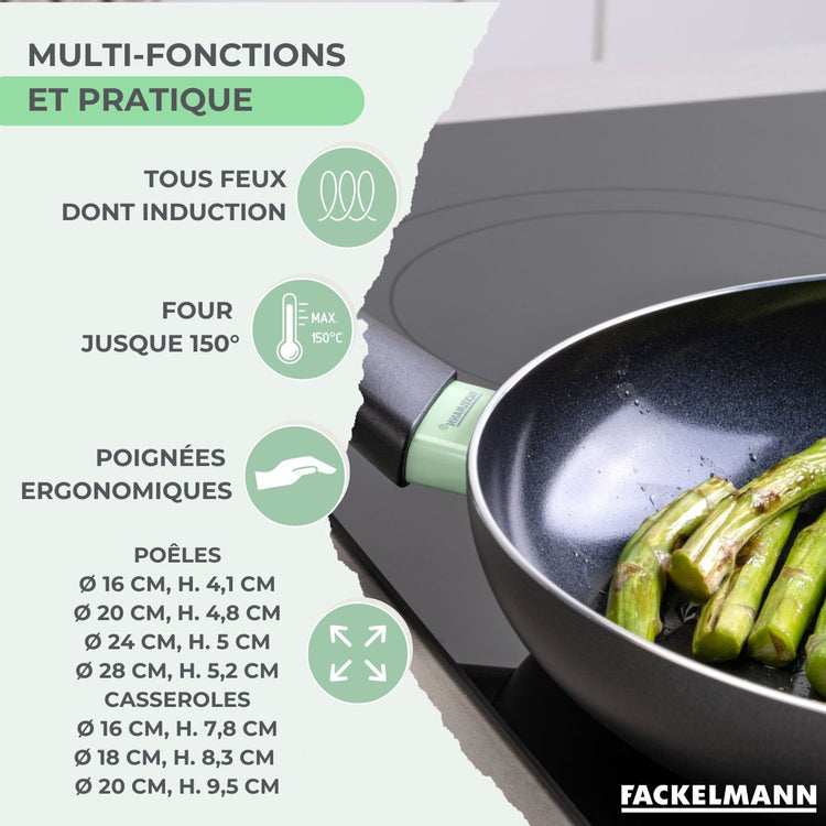 Batterie de cuisine avec 4 poêles 16/20/24/28 cm et 3 casseroles 16/18/20 cm et 5 ustensiles de cuisine Fackelmann Brandao Océan