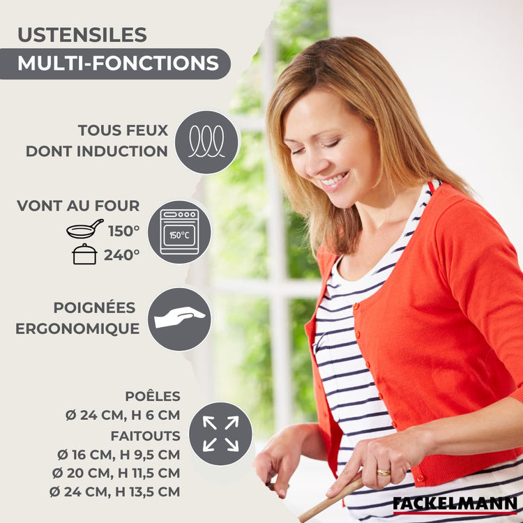 Batterie de cuisine avec 3 faitouts 16/20/24 cm et 1 poêle 24 cm avec 5 ustensiles de cuisine Fackelmann Généva Brillant Vario