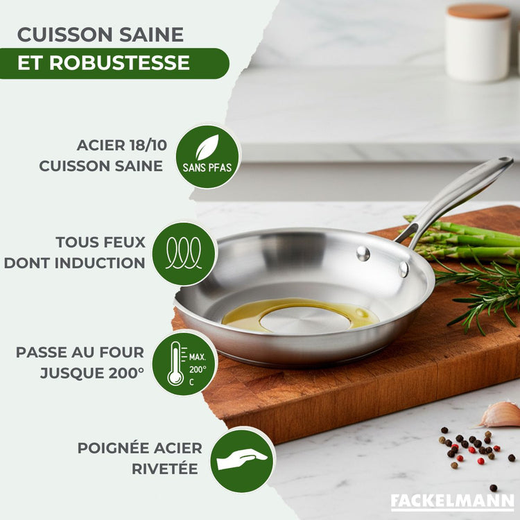 Batterie de cuisine avec 4 poêles 20/24/26/28 cm et 2 casseroles 14/18 cm en inox sans PFAS Fackelmann Vita3