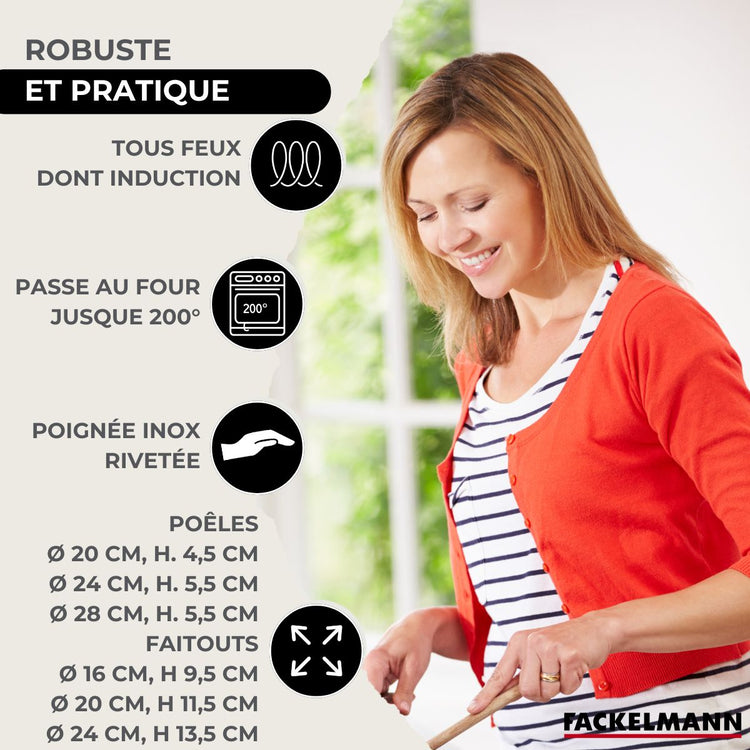 Batterie de cuisine 3 poêles 20/24/28 cm et couvercles, 3 faitouts 16/20/24 cm et 6 ustensiles Fackelmann Eterna