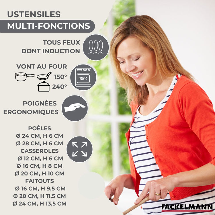 Batterie de 2 poêles 24/28 cm, 3 casseroles 12/16/20 cm, 3 faitouts 16/20/24 cm et 6 ustensiles Fackelmann Geneva