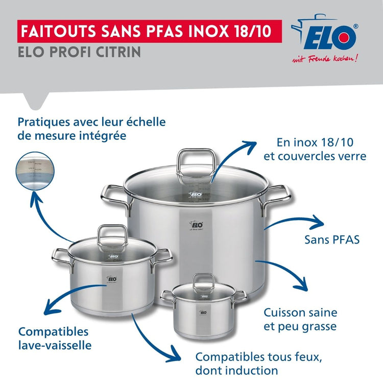 Ensemble de 1 Poêle de cuisson 24 cm et 3 faitouts 12, 16 et 26 cm Elo Profi Citrin