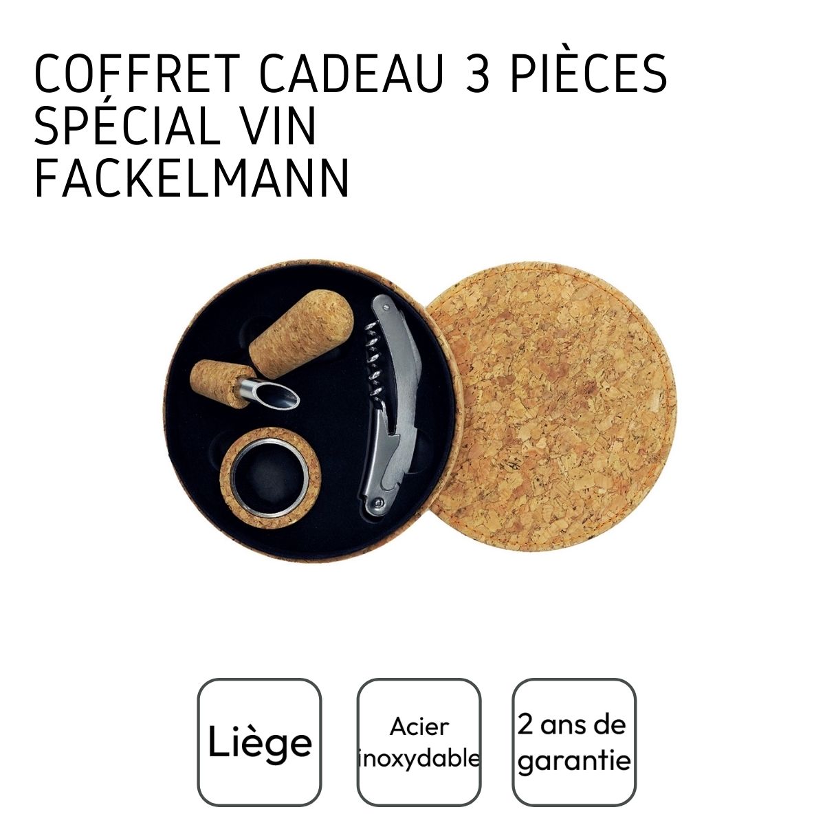 Coffret cadeau d'accessoires pour bouteille de vin 3 pièces avec boite en liège Fackelmann Gift