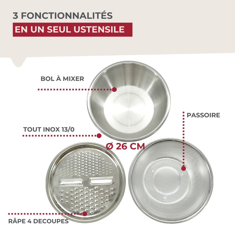 Set 3 en 1 Bol à Mixer, Râpe et Passoire 26 cm Fackelmann