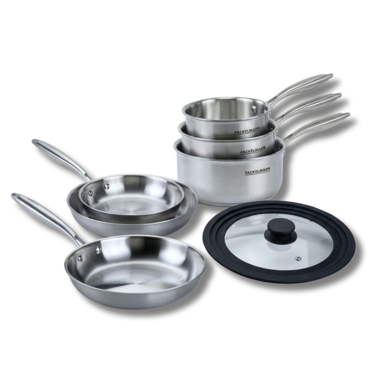 Batterie de cuisine avec 3 poêles 20/24/26 cm et 2 casseroles 14/18 cm et 1 couvercle de cuisson universel sans PFAS Fackelmann Vita3