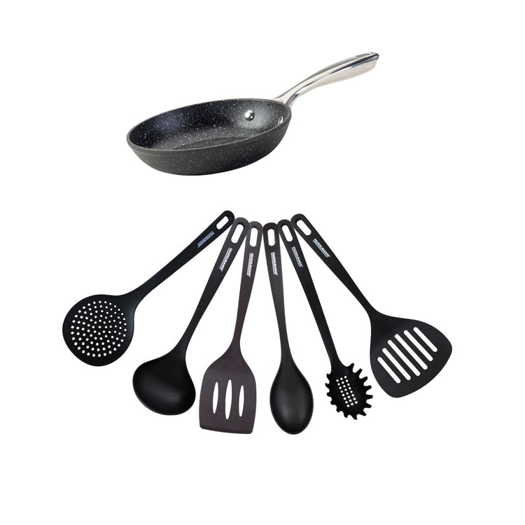 Set poêle 20 cm fonte alu revêtement antiadhésif céramique sans PFAS et 6 ustensiles inox Fackelmann Crossroad