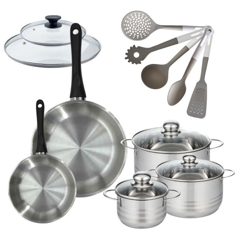 Lot de 2 Poêles 20/28 cm Fackelmann Geneva avec 3 Faitouts 16/20/24 cm et 5 ustensiles