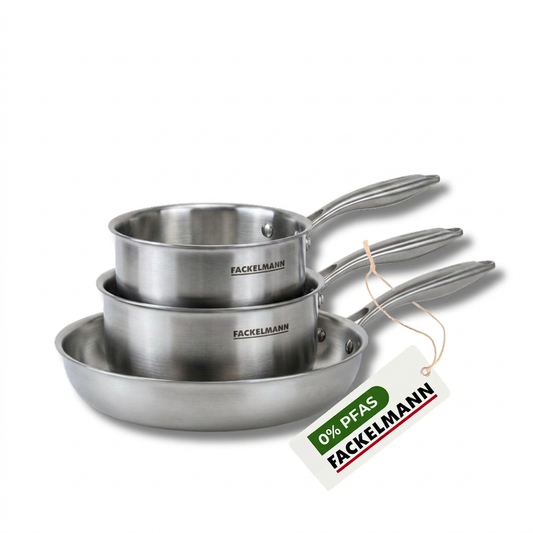 Batterie de cuisine avec 1 poêle 24 cm et 2 casseroles 14/18 cm en inox sans PFAS Fackelmann Vita3